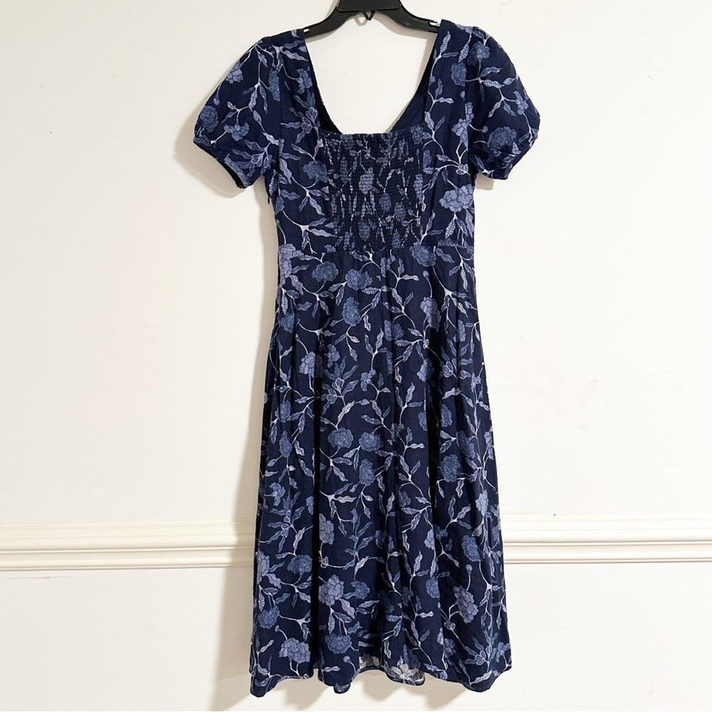 GAP Linen Navy Floral Feminine Flirty Blue Midi Summer Dress - Picture 6 of 10